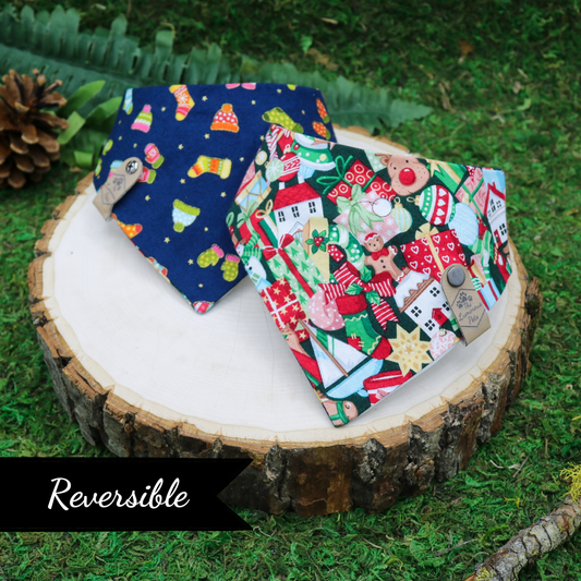 Reversible pet bandanas snap on by The Luminous Pets _ Winter Santa Toy Shop and Scarves