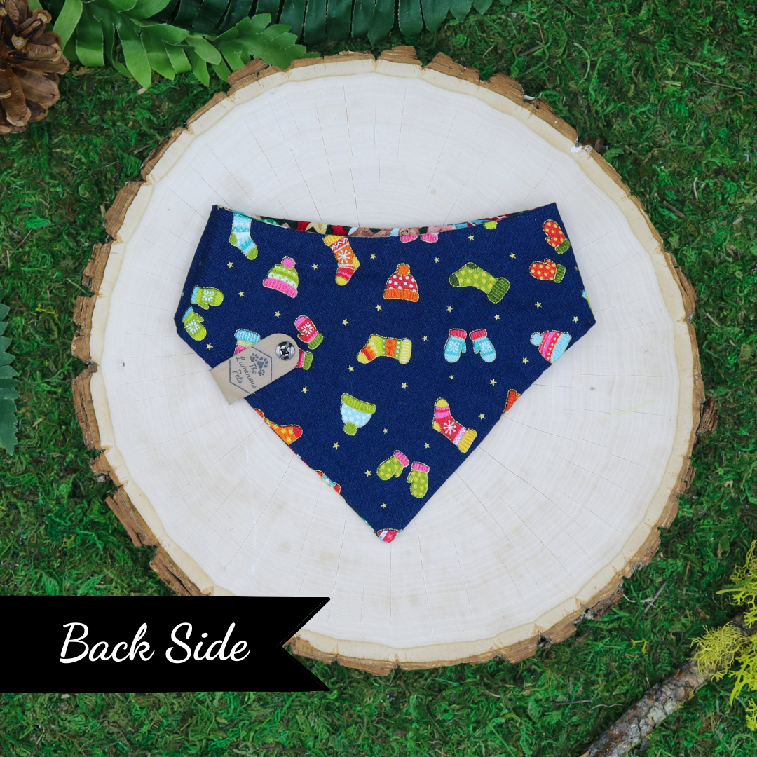 Reversible pet bandanas snap on by The Luminous Pets _ Winter Santa Toy Shop and Scarves