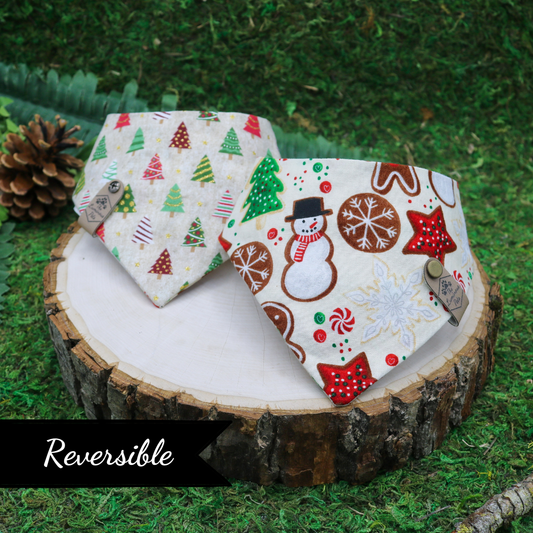 Reversible Pet bandana for cats and dogs _ Handmade by The Luminous Pets _ Winter Gingerbread Cookies and Christmas Trees