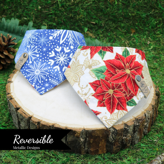 Reversible pet bandana with snap on by The Luminous Pets _ Winter Poinsettias with gold and metallic silver snowflakes