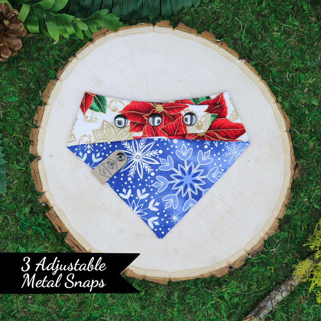 Reversible pet bandana with snap on by The Luminous Pets _ Winter Poinsettias with gold and metallic silver snowflakes