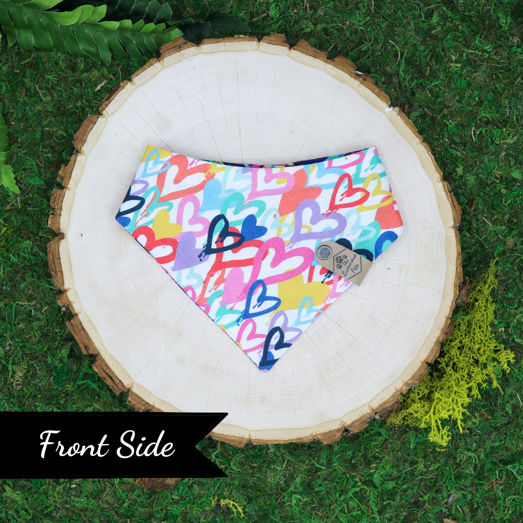 Reversible snap on bandana with graffiti hearts for dogs and cats by The Luminous Pets