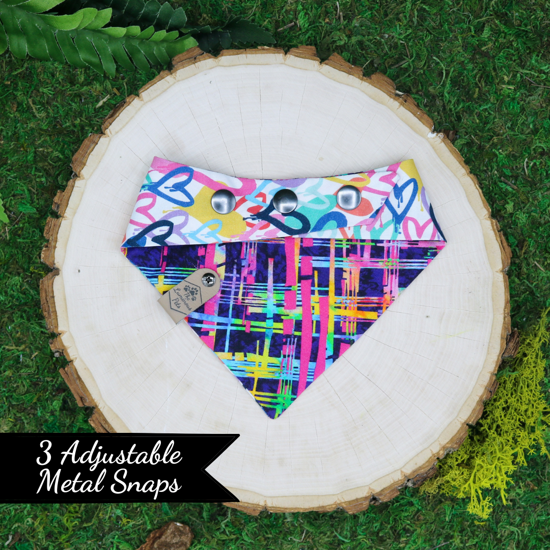 Reversible snap on bandana with graffiti hearts for dogs and cats by The Luminous Pets