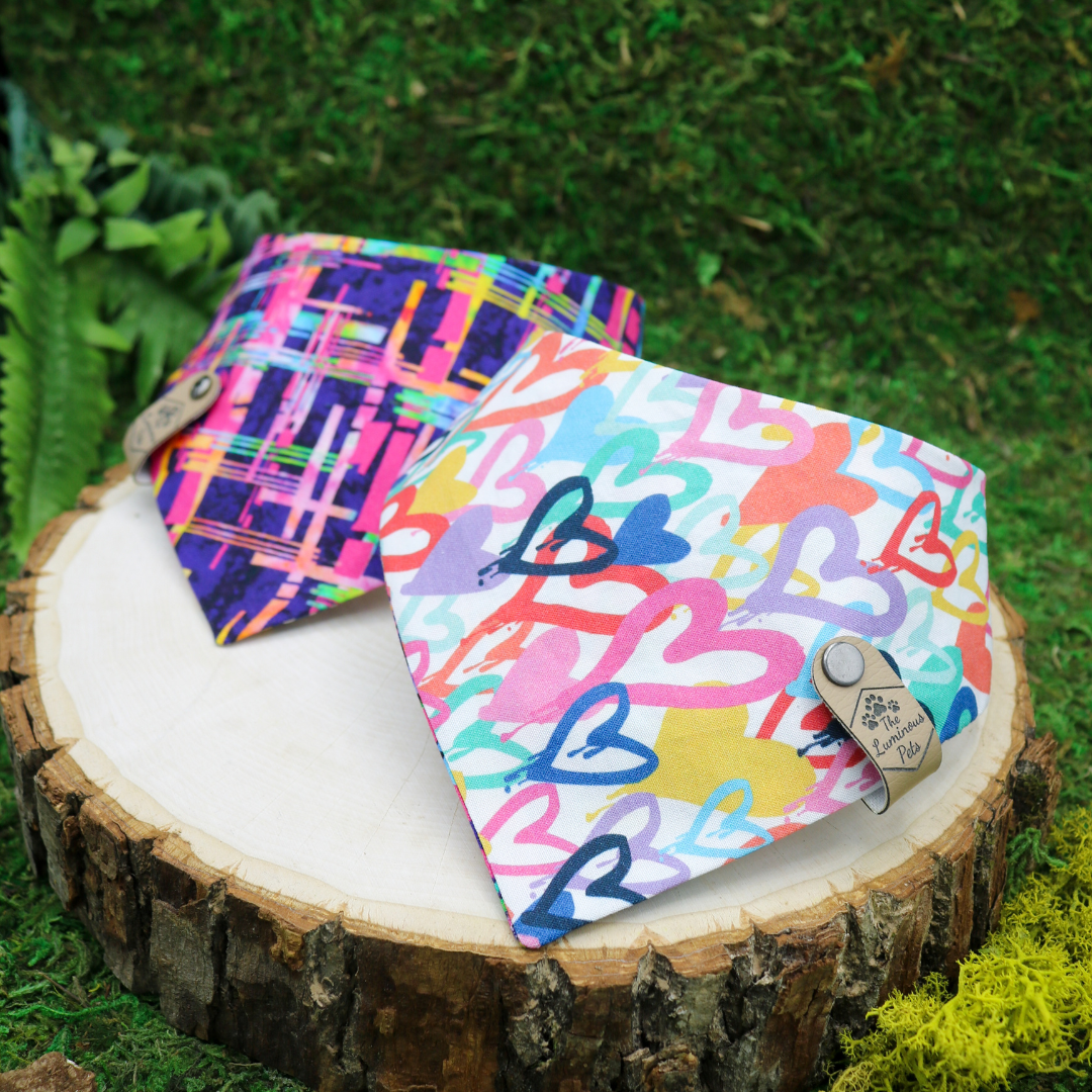 Reversible snap on bandana with graffiti hearts for dogs and cats by The Luminous Pets