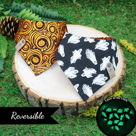 Halloween Pet Bandana Snap on with glow in the dark ghosts and metallic pumpkins by The Luminous Pets