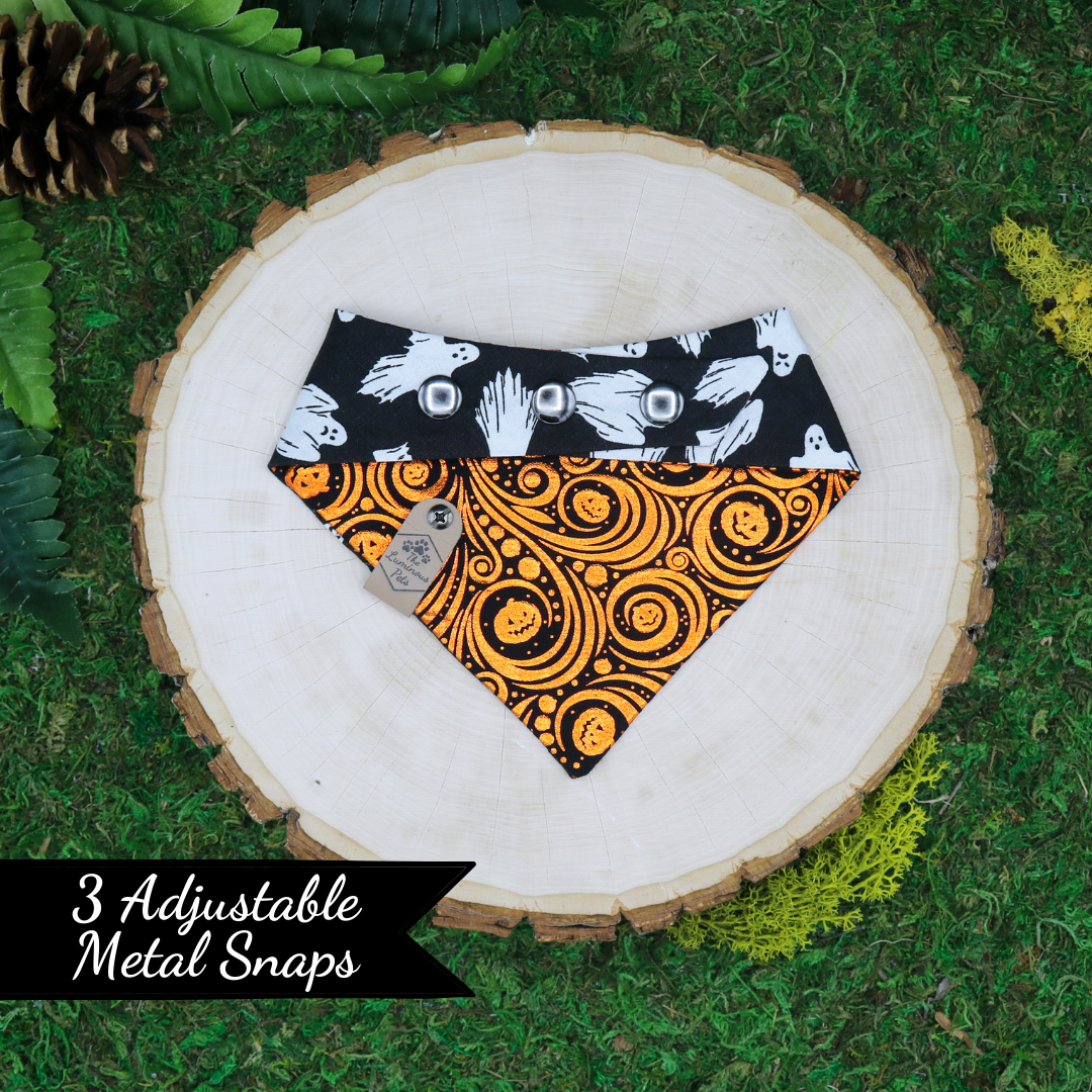 Halloween Pet Bandana Snap on with glow in the dark ghosts and metallic pumpkins by The Luminous Pets