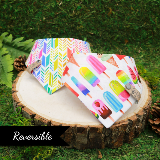 Reversible Snap on Bandanas | Adjustable cat and dog bandanas by The Luminous Pets | Pride Rainbow Ice Creams