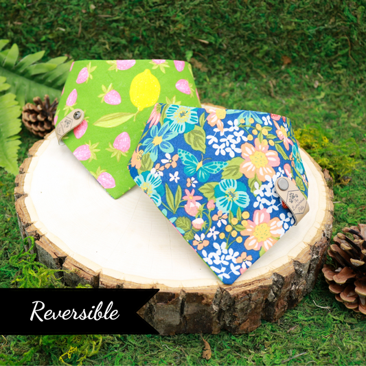 Reversible snap on bandanas for cats and dog_ Handmade pet accessories by The Luminous Pets_ Summer Flowers and Strawberries