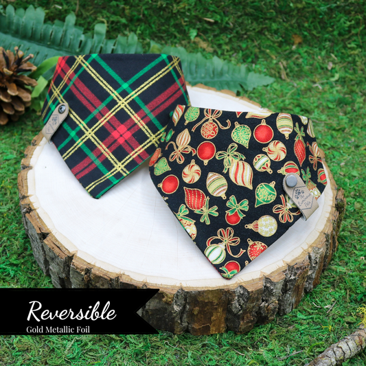 Reversible snap on pet bandanas by The Luminous Pets _ Christmas Ornaments and plaid on black