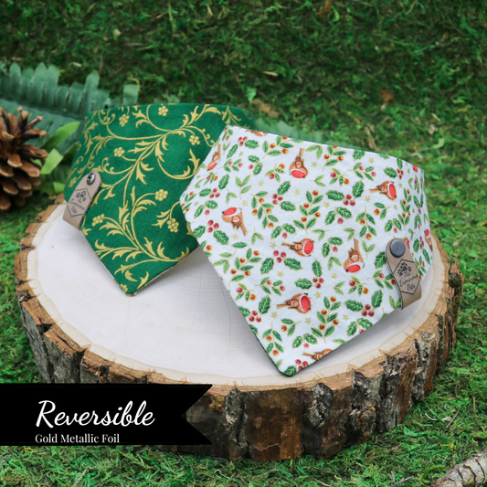 Reversible snap on bandanas by The Luminous Pets _ Winter birds with holly
