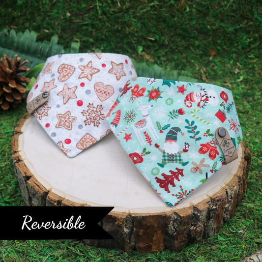 Reversible snap on pet bandanas for cats and dogs by The Luminous Pets _ Christmas Gnomes and Gingerbread Cookies