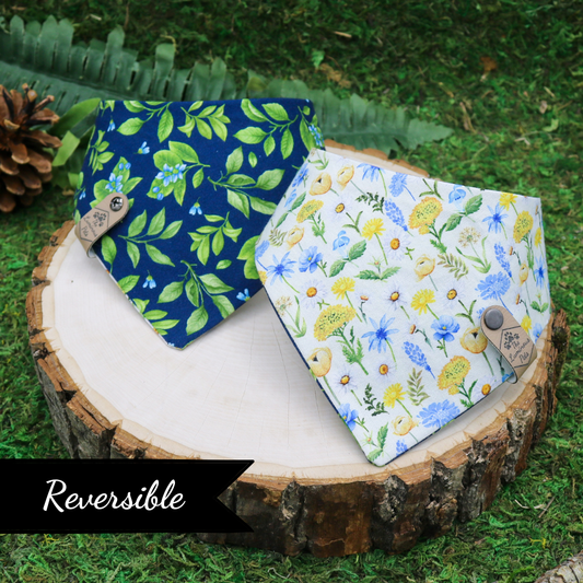 Reversible snap on pet bandana by The Luminous Pets | Mini summer flowers with lemon leaves 