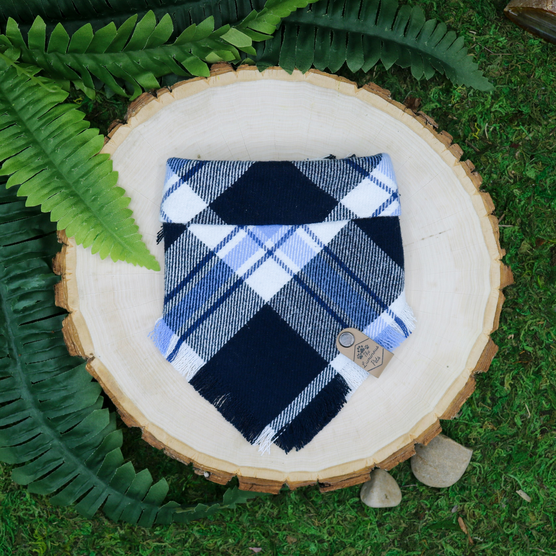 Blue and White flannel plaid pet bandana | Handmade by The Luminous Pets