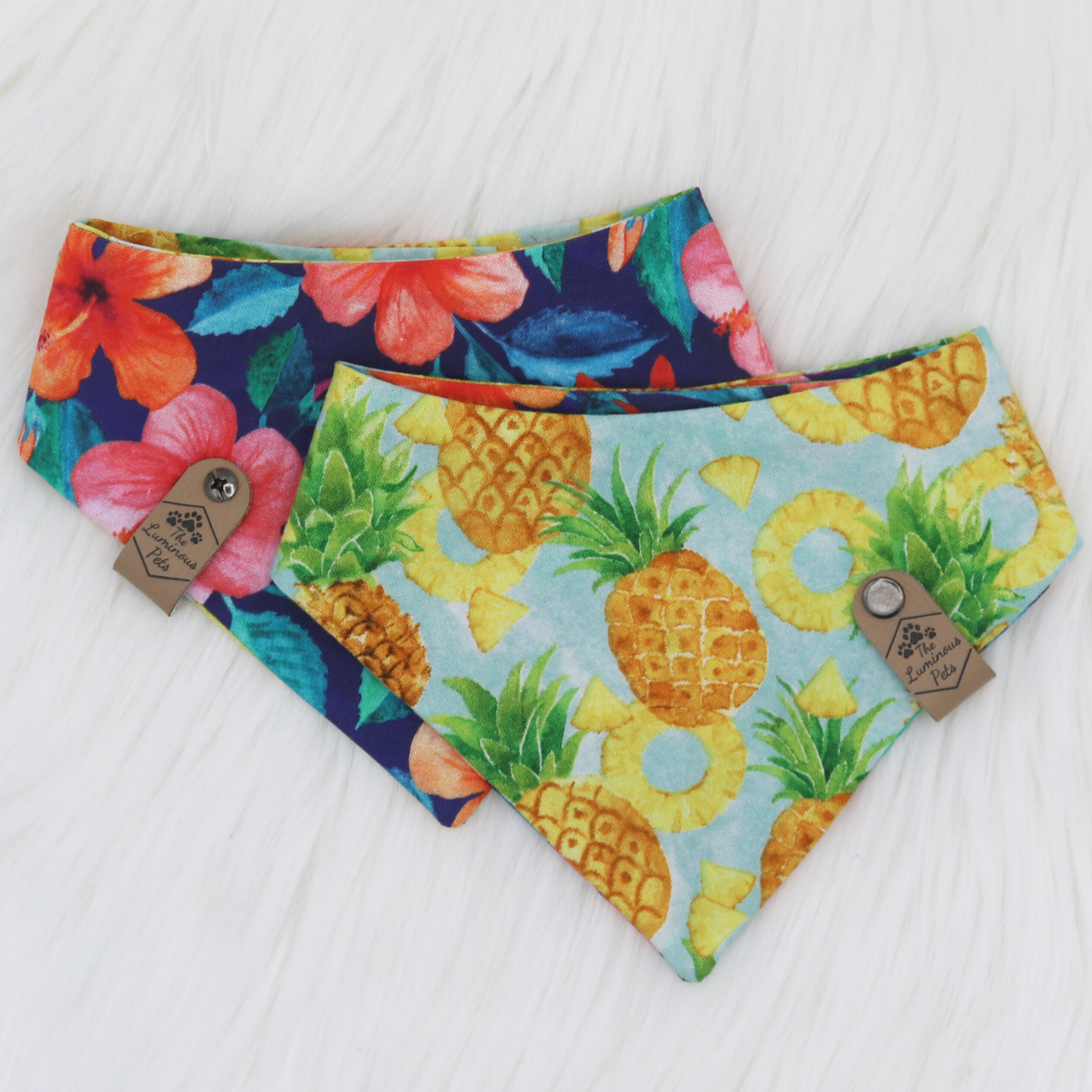 Pineapple and Hibiscus Snap on Bandana | Handmade pet accessories by The Luminous Pets