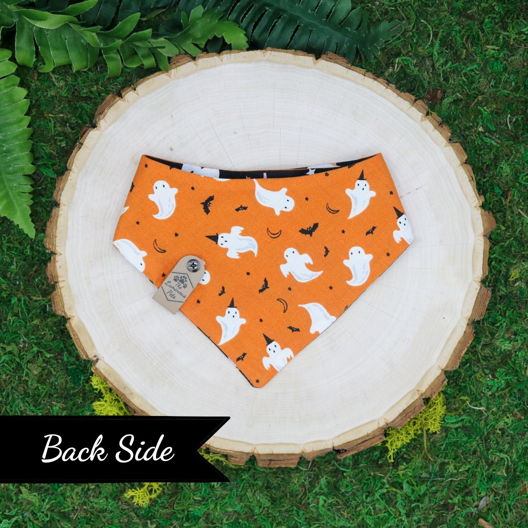 Halloween snap on reversible pet bandana by Luminous Pets _ Happy pumpkins and playful ghosts