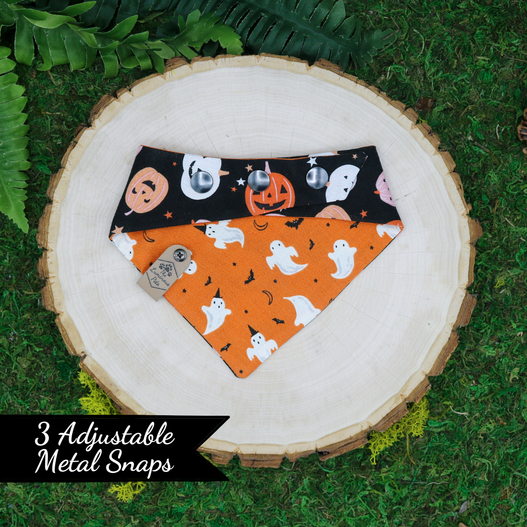 Halloween snap on reversible pet bandana by Luminous Pets _ Happy pumpkins and playful ghosts