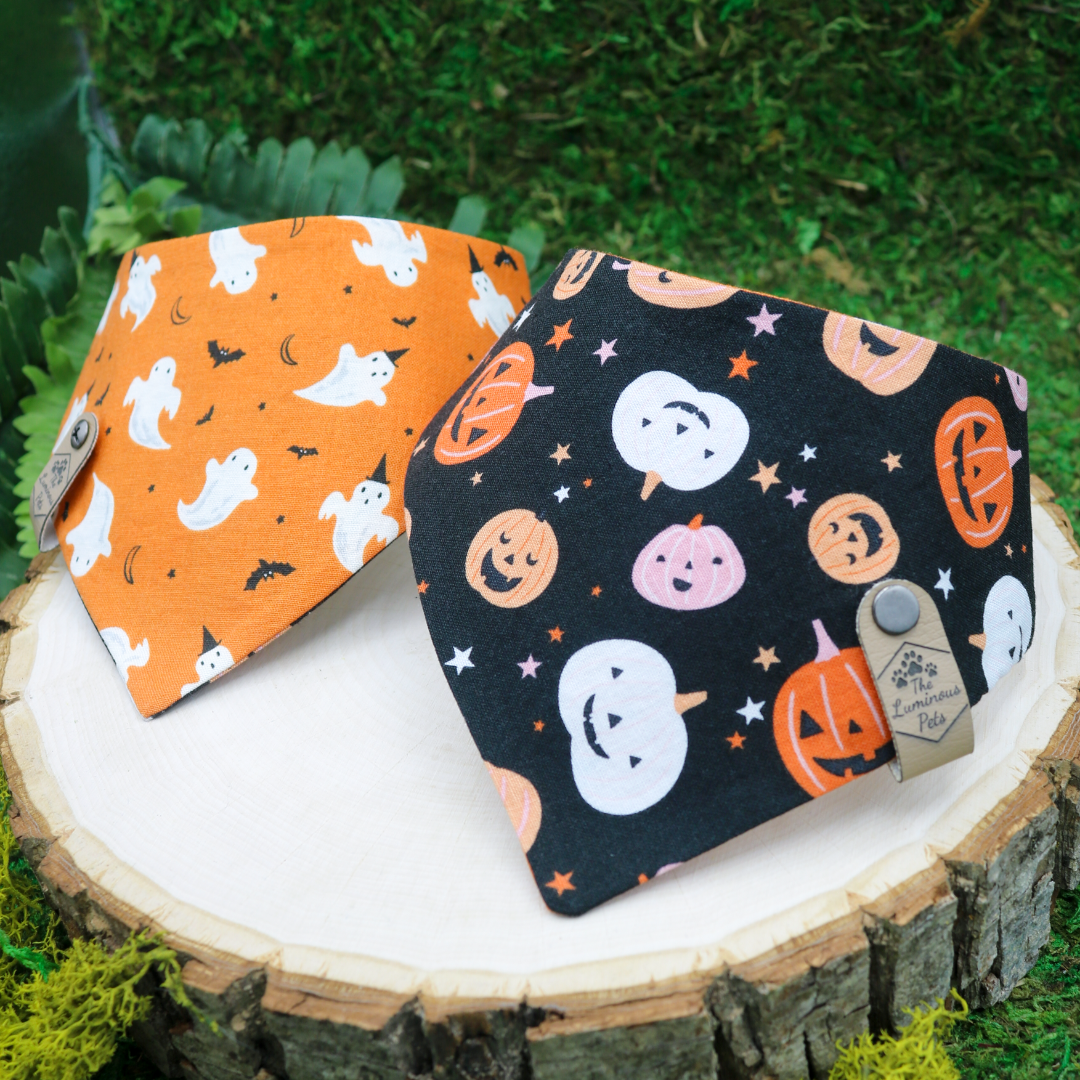 Halloween snap on reversible pet bandana by Luminous Pets _ Happy pumpkins and playful ghosts