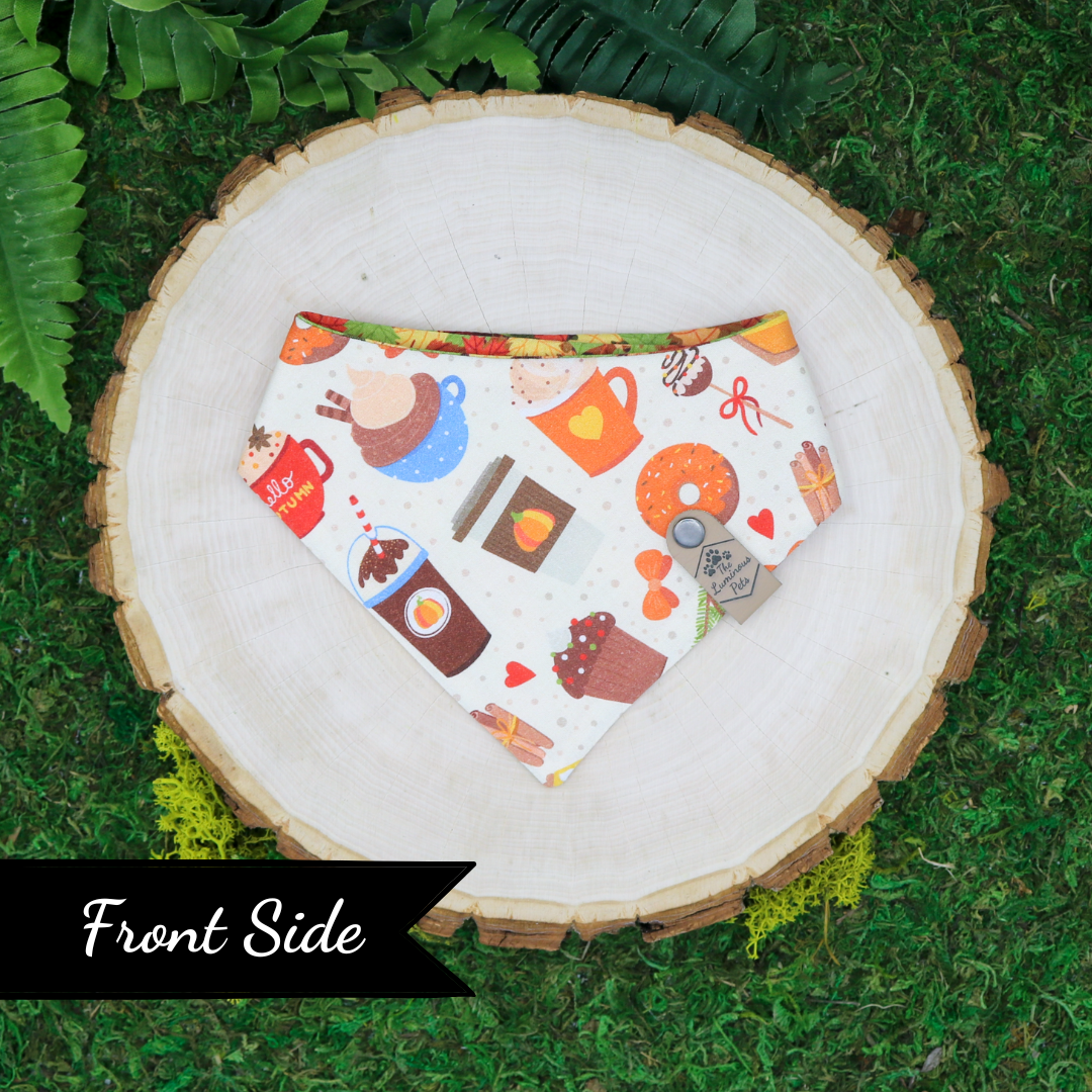 Autumn snap on reversible pet bandana by Luminous Pets _ Pumpkin spice latte and autumn leaves
