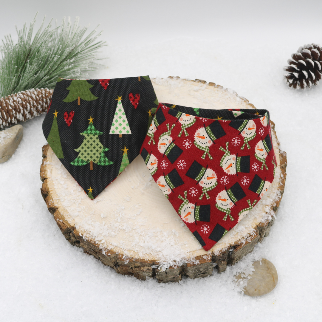 Snowman and Christmas Trees Reversible Pet Bandana Handmade by The Luminous Pets with Metal Snap-on style