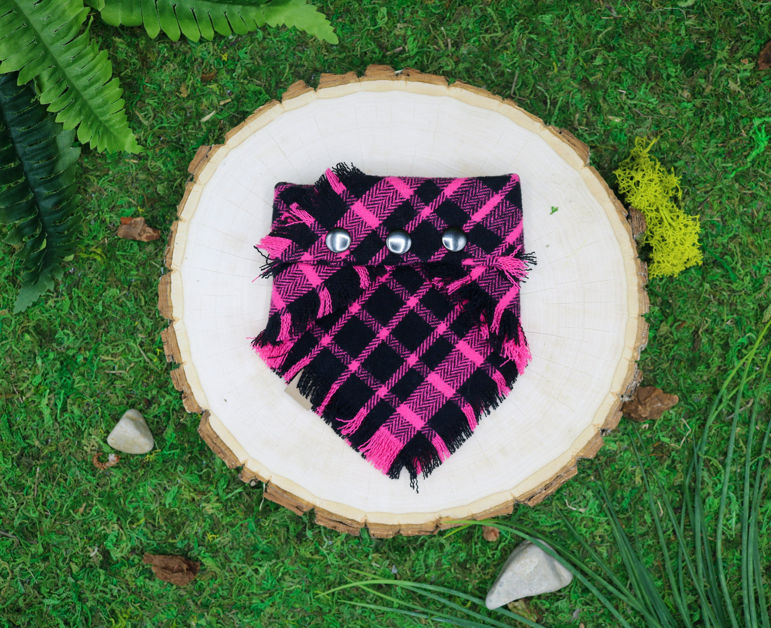 Snap on bandana frayed flannel pink and black plaid handmade by The Luminous Pets
