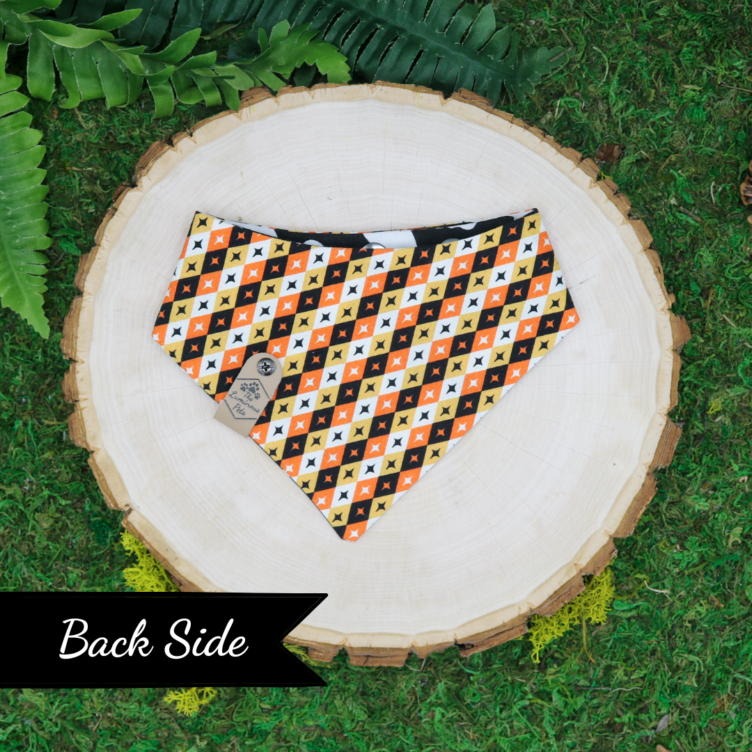 Snap on reversible pet bandanas by Luminous Pets _ Halloween happy ghosts and autumn diamonds