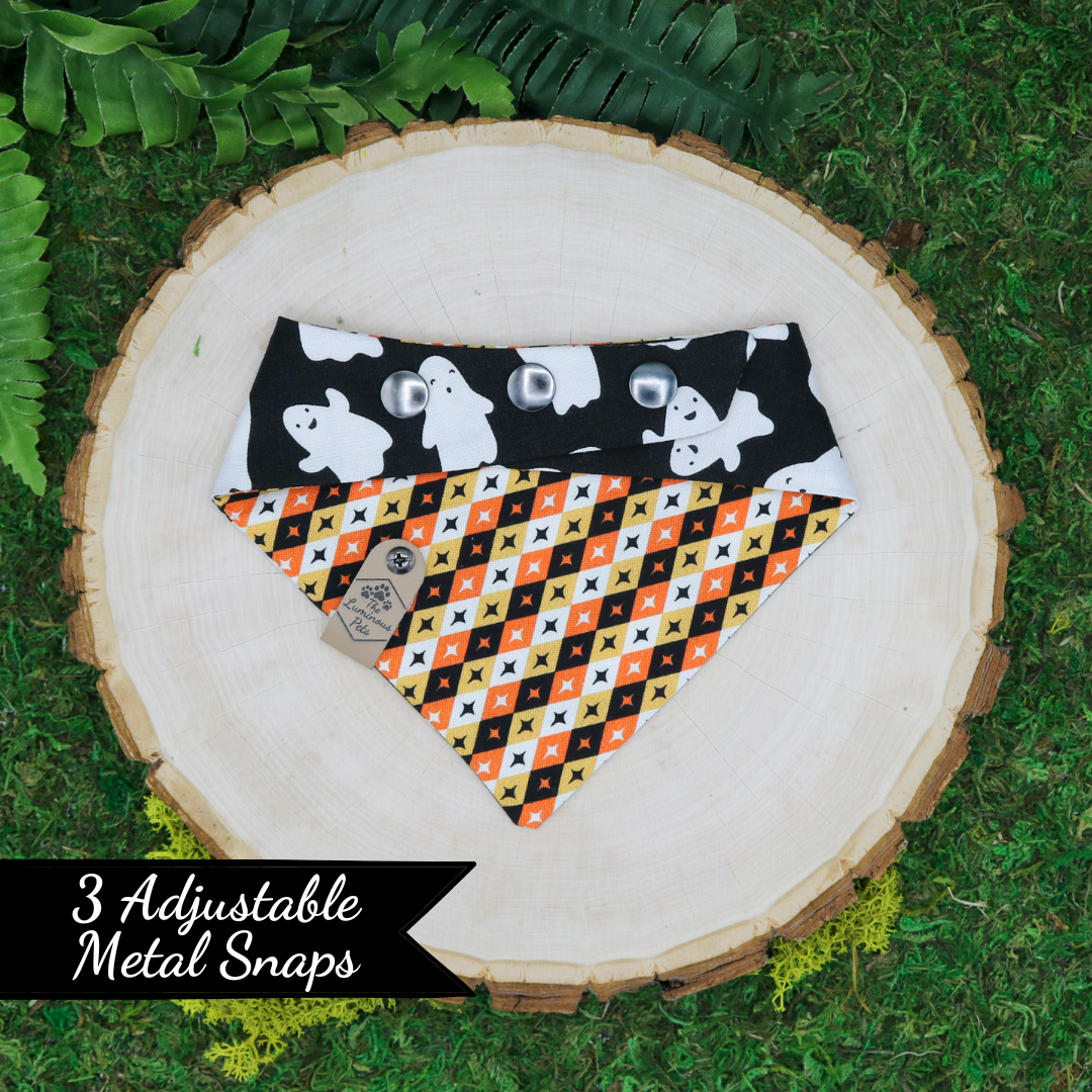 Snap on reversible pet bandanas by Luminous Pets _ Halloween happy ghosts and autumn diamonds